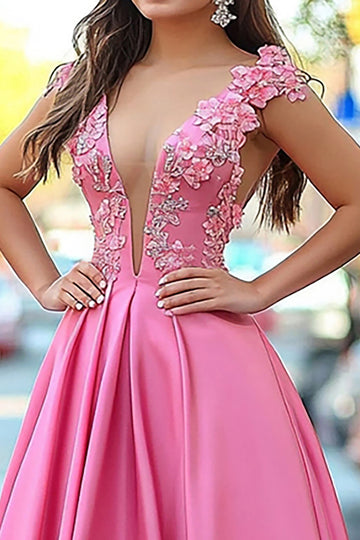 A Line Pink Deep V-Neck Lace Appliqued Satin Prom Dress